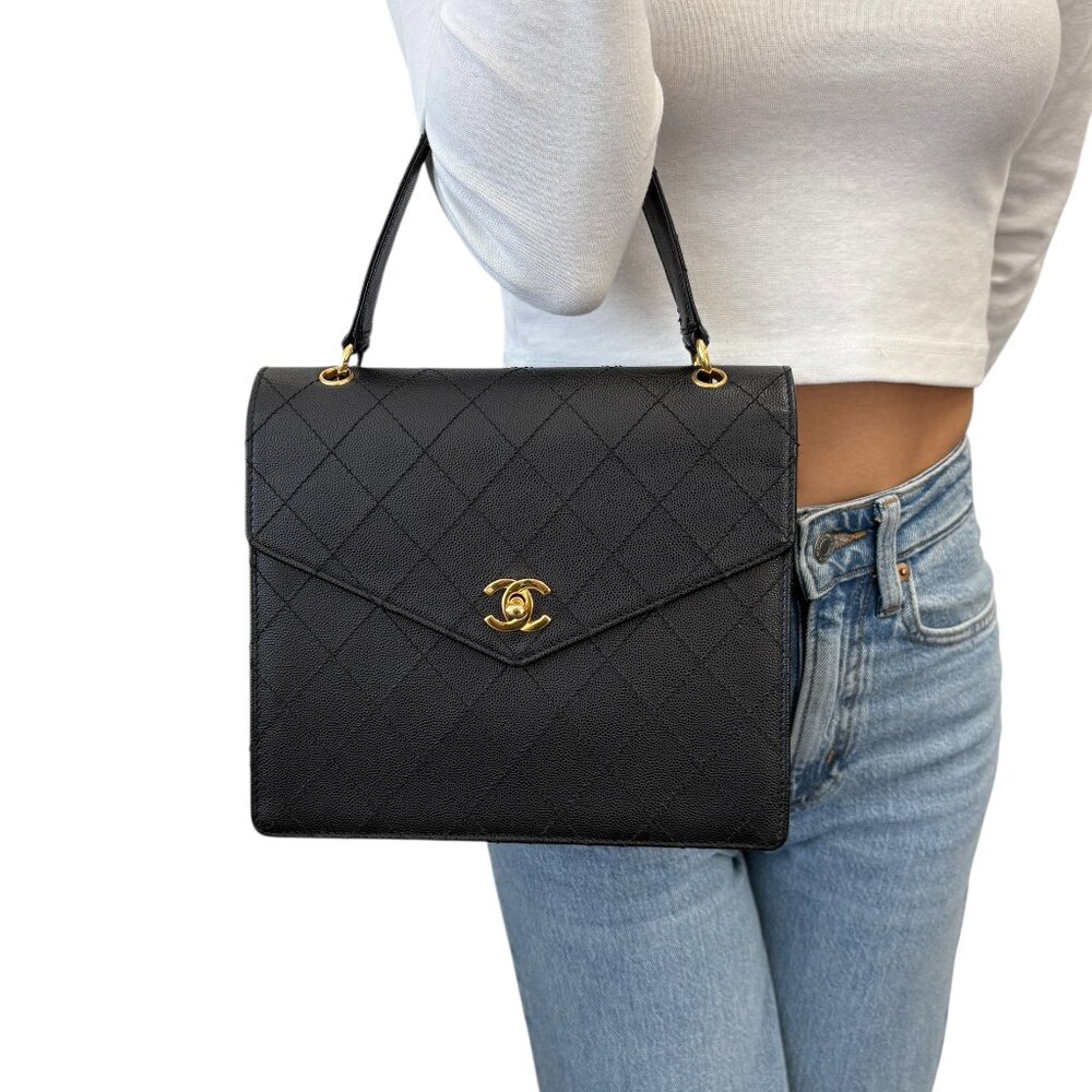 CHANEL Vintage CC Logo Turnlock Quilted Top Handle Bag Black Gold [106298]